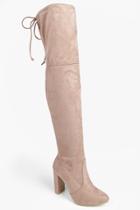 Boohoo Mia Block Heel Lace Up Back Over Knee Boot Mocha