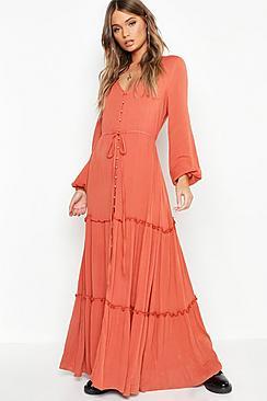 Boohoo Button Front Blouson Sleeve Maxi Dress