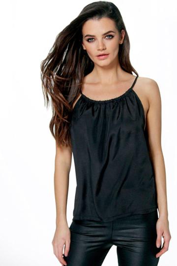 Boohoo Becca Ruched Neck Strappy Cami Black