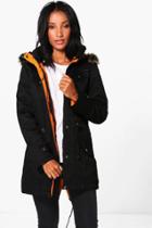 Boohoo Liz Parka With Piping Detail Black