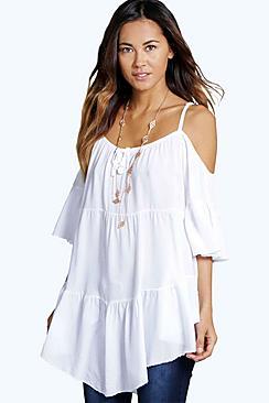 Boohoo Cameron Tiered Cold Shoulder Woven Top