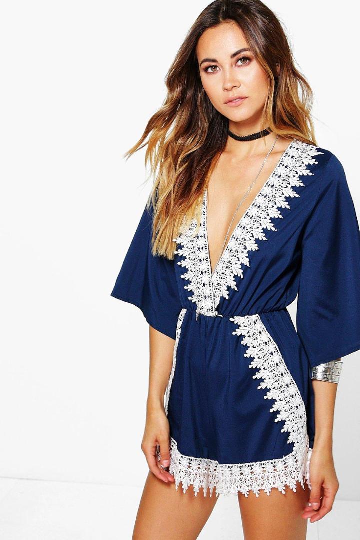 Boohoo Mia Crochet Trim Kimono Style Playsuit Blue