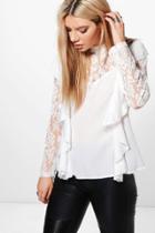 Boohoo Evie High Neck Lace Sleeve Blouse White