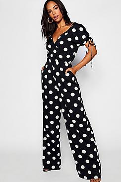 Boohoo Tall Polka Dot Wrap Front Jumpsuit