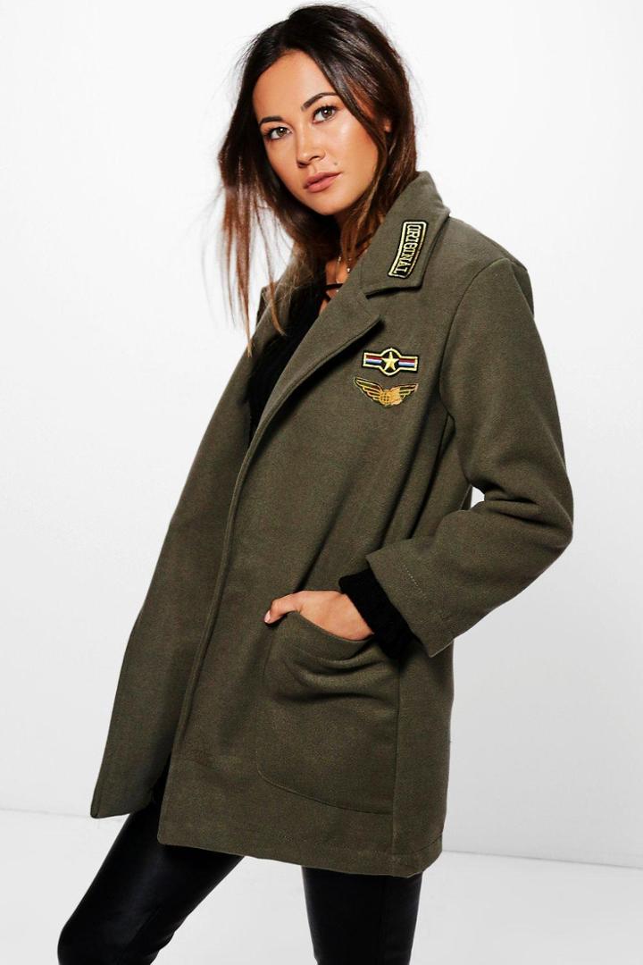 Boohoo Beatrice Badge Wool Look Military Coat Khaki