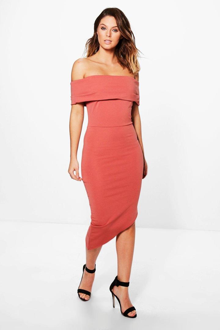 Boohoo Zoe Off Shoulder Asymmetric Hem Midi Dress Rose