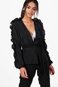 Boohoo Carmen Ruffle Sleeve Belted Blazer