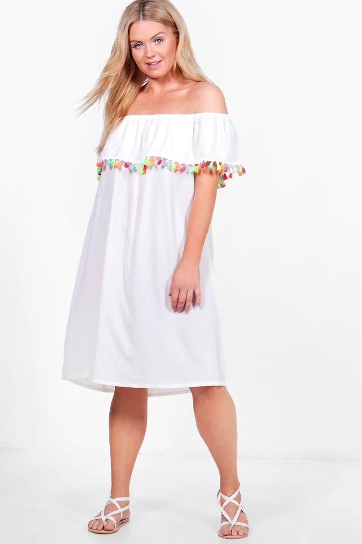 Boohoo Plus Juliet Pom Pom Trim Off The Shoulder Dress Ivory
