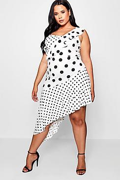 Boohoo Plus Maya Spotted Ruffle Asymmetric Midi Dress