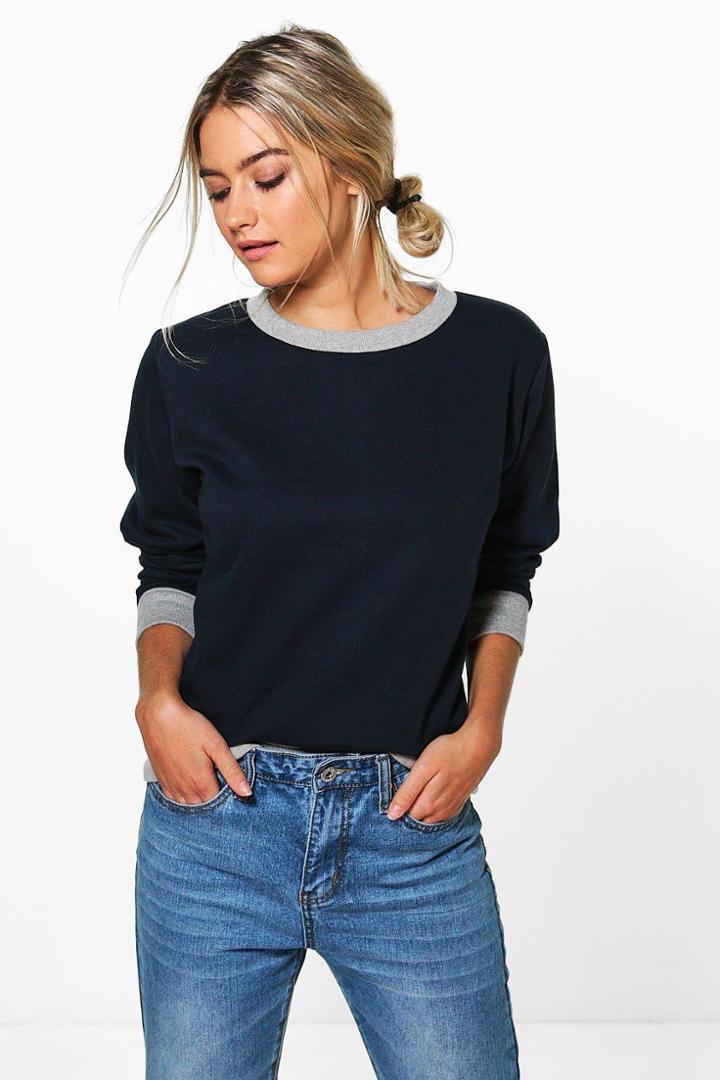 Boohoo Enya Contrast Cuff And Hem Sweat Shirt Navy