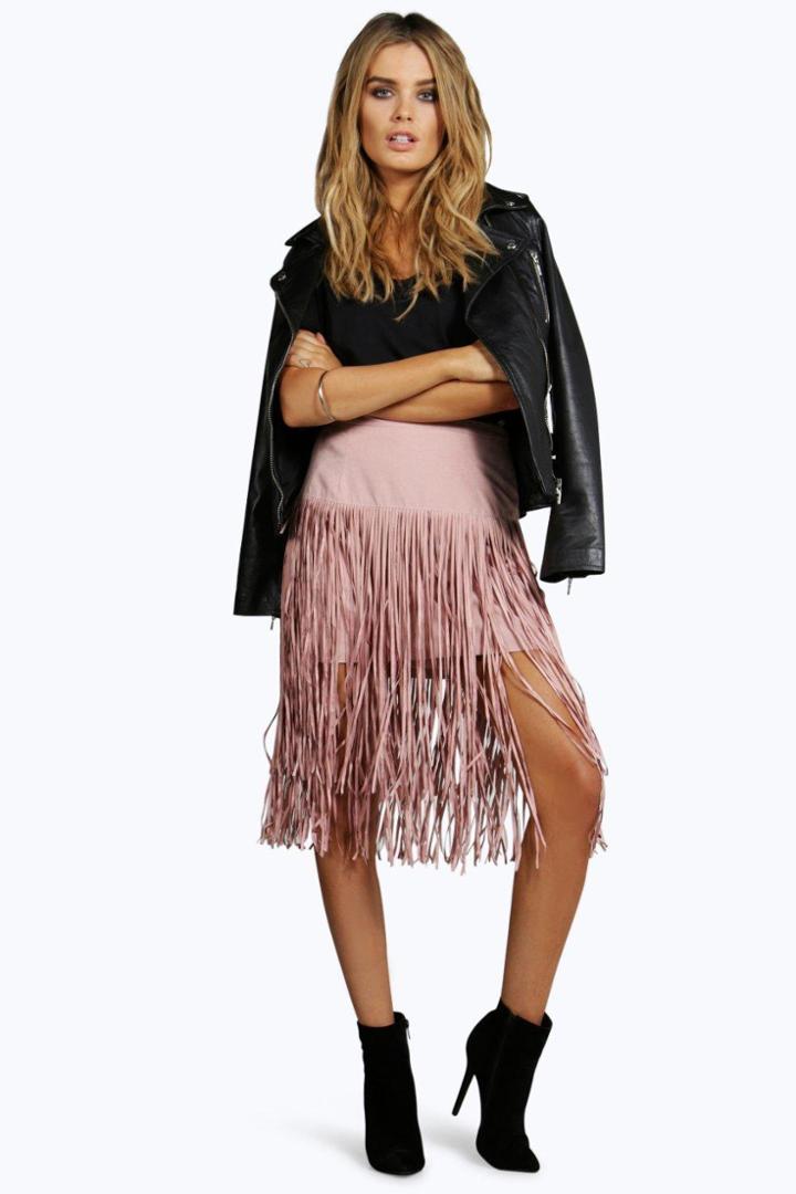Boohoo Neema Long Layer Suedette Tassle Mini Skirt Blush