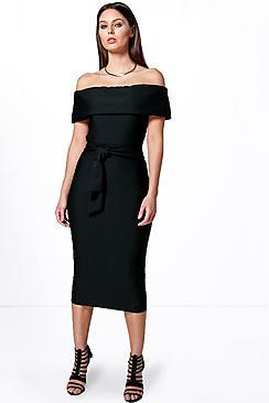 Boohoo Alma Obi Belt Off The Shoulder Midaxi Dress