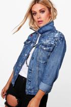 Boohoo Plus Mel Boutique Pearl + Embroidered Jean Jacket Blue