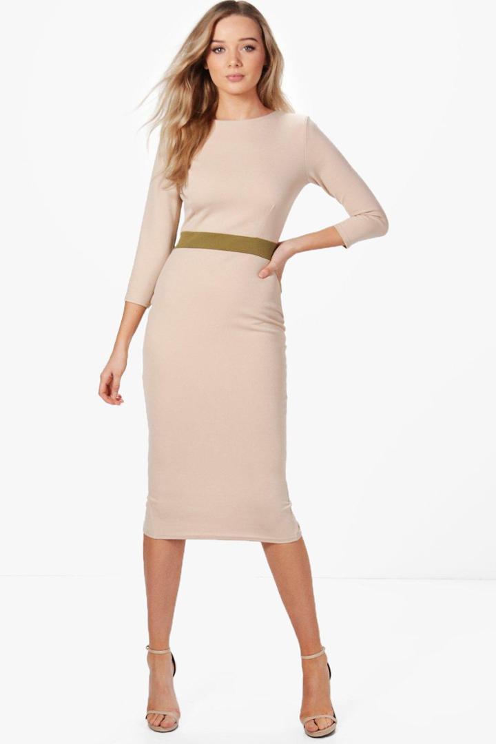 Boohoo Louise Formal Waist Pleat Detail Midi Dress Stone