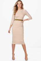 Boohoo Louise Formal Waist Pleat Detail Midi Dress Stone
