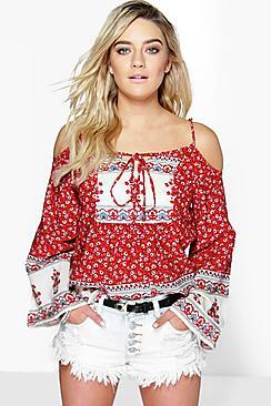 Boohoo Cara Paisley Border Print Cold Shoulder Woven Top