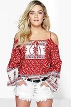 Boohoo Cara Paisley Border Print Cold Shoulder Woven Top