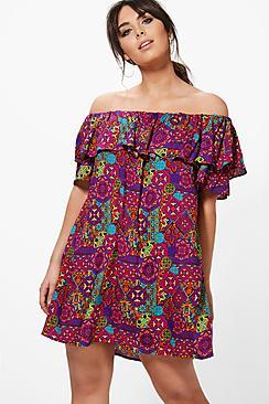 Boohoo Plus Beth Printed Off The Shoulder Dress