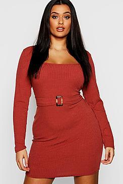 Boohoo Plus Horn Buckle Soft Rib Bodycon Dress