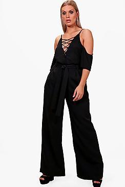 Boohoo Plus Louisa Tie Waist Wide Leg Woven Trouser