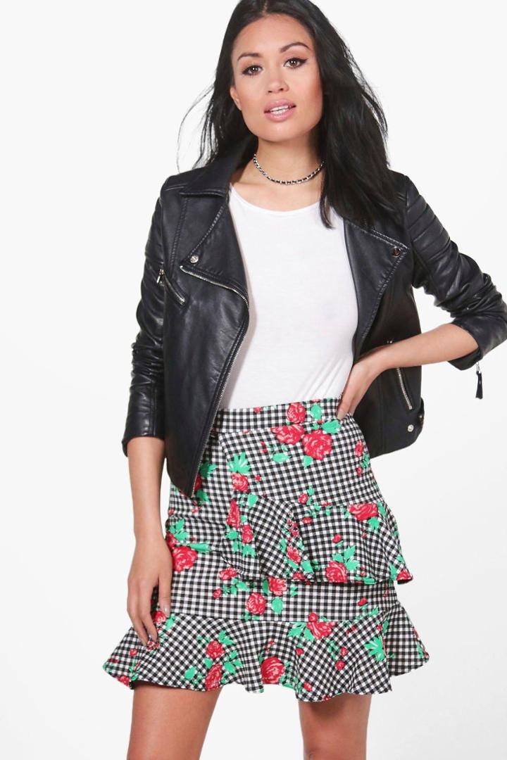 Boohoo Eva Gingham Floral Ruffle Wrap Mini Skirt Black