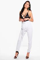 Boohoo Luna Tie Waist Woven Satin Slimline Trousers Dove