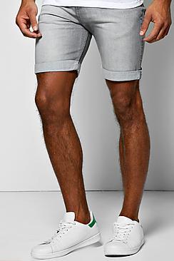 Boohoo Skinny Fit Light Grey Denim Shorts In Mid Length