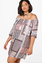 Boohoo Plus Loren Printed Crochet Off The Shoulder Dress