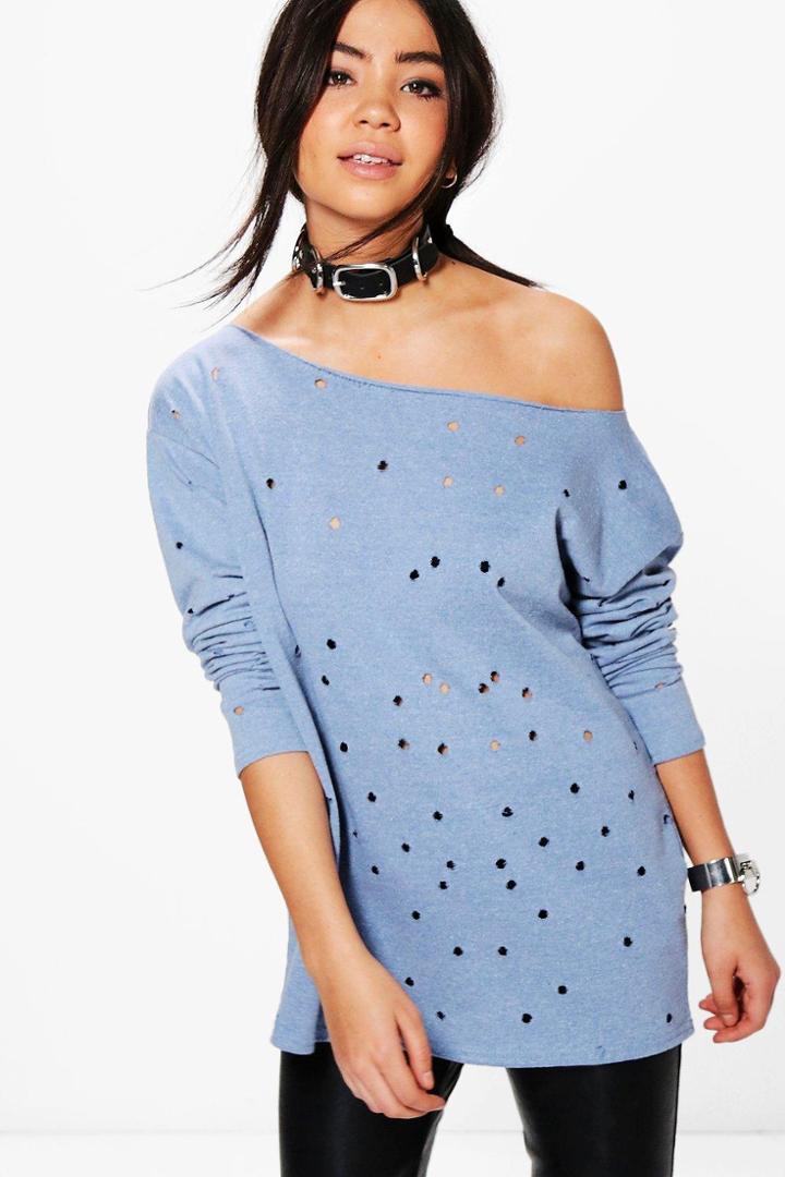 Boohoo Kayla Distressed Slash Neck Sweatshirt Blue