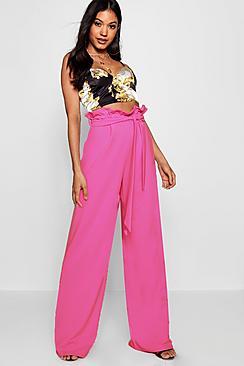 Boohoo Paperbag Waist Crepe Wide Leg Trouser