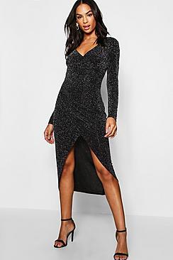 Boohoo Tall Shimmer Wrap Bodycon Midi Dress