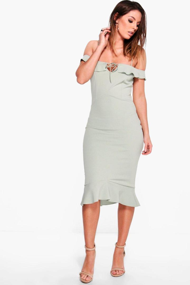 Boohoo Jayne Frill Off Shoulder Tie Detail Midi Dress Lilas
