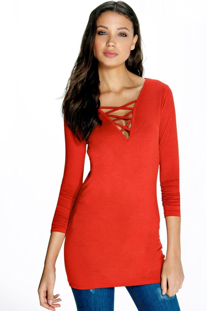 Boohoo Tall Lydia Lattice Detail Long Sleeve Top Rust