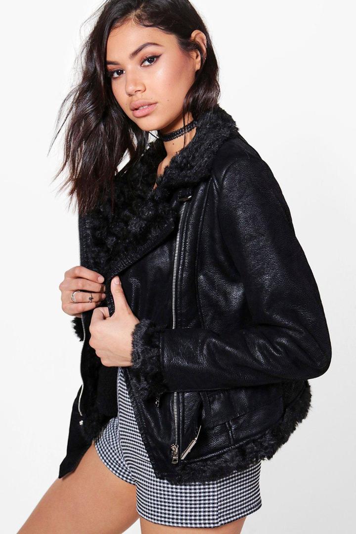 Boohoo Sophie Belted Aviator Jacket Black
