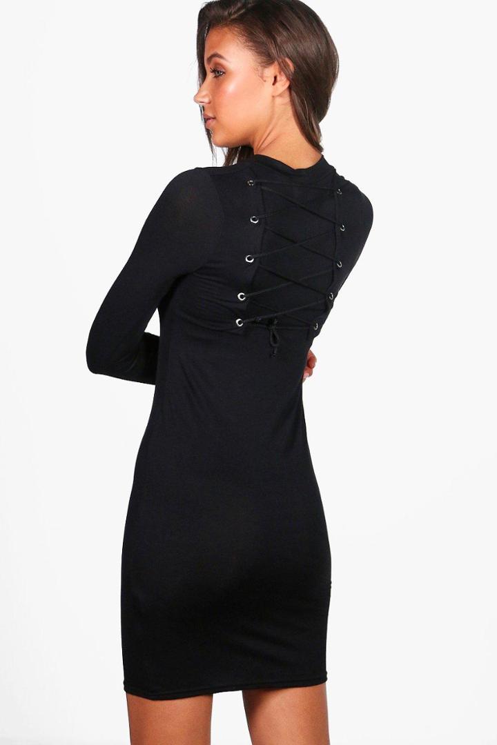 Boohoo Tall Alia Lace Up Back Bodycon Dress Black