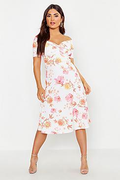 Boohoo Floral Bardot Twist Midi Skater Dress