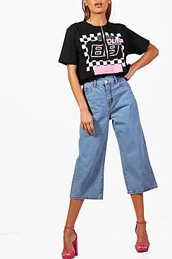 Boohoo Sarah Scallop Waist Wide Leg Denim Culottes