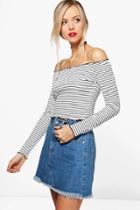 Boohoo Kelly Stripe Off The Shoulder Top Ivory