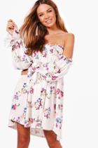 Boohoo Selena Off Shoulder Balloon Sleeve Swing Dress White