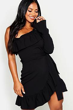 Boohoo One Shoulder Frill Hem Belted Skater Dress