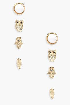Boohoo Hamsa And Owl Stud 4 Pack