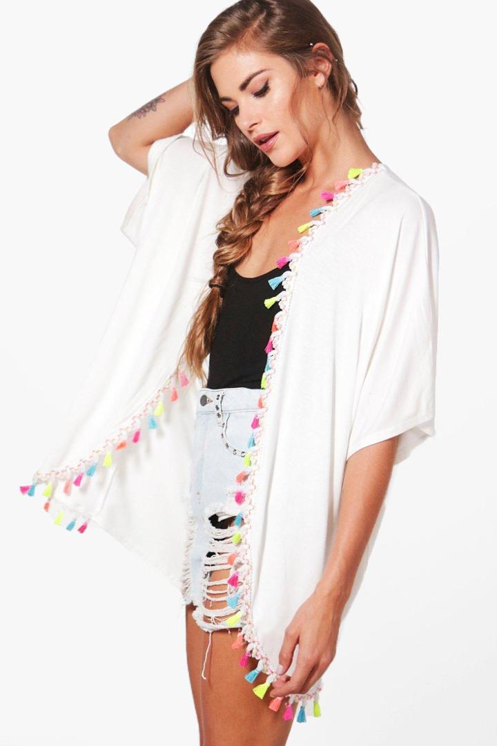 Boohoo Isabella Tassel + Pom Pom Trim Kimono Cream