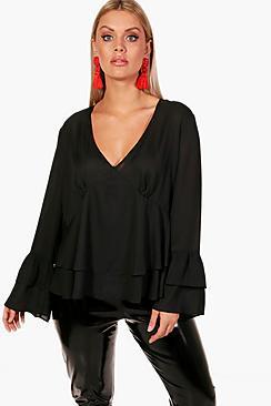 Boohoo Plus Lillian Ruffle Detail Plunge Blouse