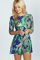 Boohoo Yusra Tropical Parrot Print 3/4 Sleeve Playsuit