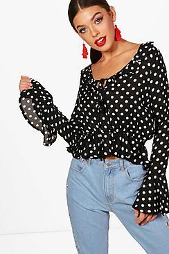 Boohoo Leah Spot Print Woven Ruffle Blouse