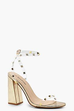 Boohoo Block Heel Metallic Stud And Clear Heels