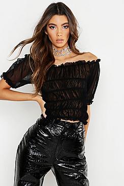 Boohoo All Over Ruched Mesh Top