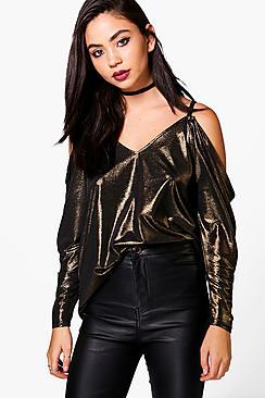 Boohoo Jessica Metallic Cold Shoulder Top