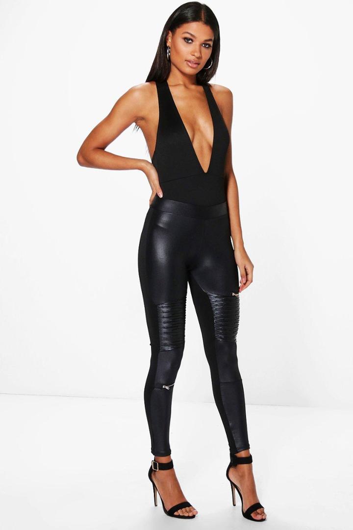 Boohoo Violet Biker Zip Detail Wet Look Leggings Black