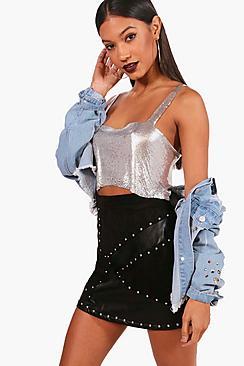 Boohoo Beth Pu Suedette Fabric Mix Stud Mini Skirt